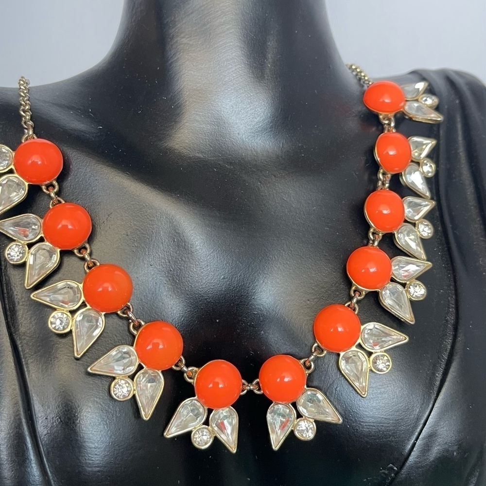 J crew statement orange rhinestone gold tone necklace